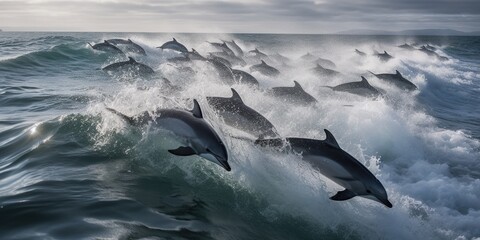 Image of A pod of dolphins jumping in and out of the waves, concept of Marine life behavior, created with Generative AI technology printed on Printed Glass Splashbacks