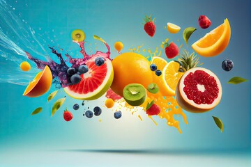 Obraz na płótnie Canvas swipe of summer fruits splash in the form of flying images on sunny background, created with generative ai