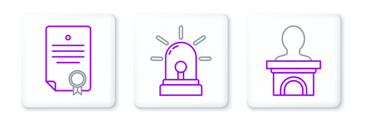 Set line Stage stand or debate podium rostrum, Certificate template and Flasher siren icon. Vector