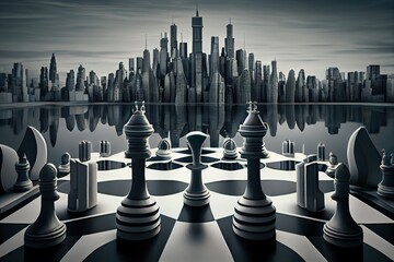 surreal chess game with a modern cityscape in the background, created with generative ai