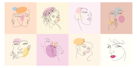 Set of abstract continuous line face person vector illustration collection.