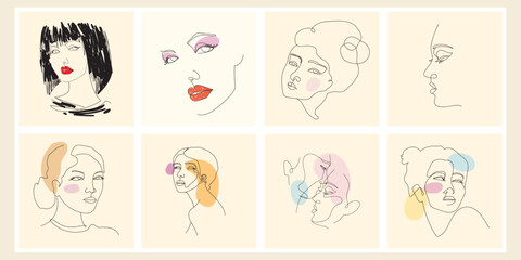 Set of abstract continuous line face woman vector illustration collection. Design for wall art, decoration, poster, cover and prints.