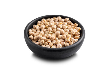 Chick pea uncooked beens. Studio shoot isolated on white background. 45 degrees shoot.