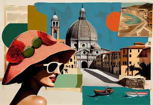 Retro stylefashion woman wearing trendy sunglasses. Pin up girl. Italian summer retro colorful creative vacation holidays travel concept. Paper collage,