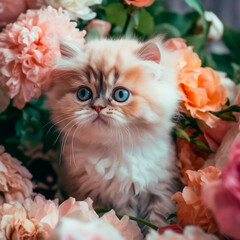 cute fluffy cat sits on a table surrounded by bouquets of peonies flowers created by AI.