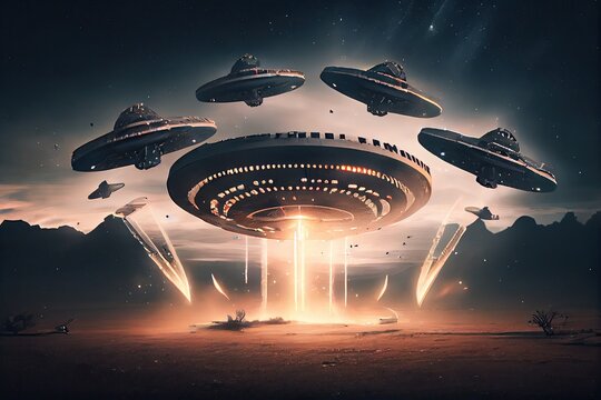 ufo cosmodrome, with multiple ufos taking off and landing at once, created with generative ai