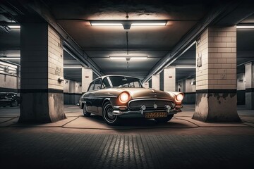 vintage car parked in an underground parking lot with modern and sleek surroundings, created with generative ai
