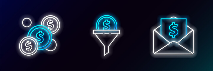 Set line Envelope with coin dollar, Coin money and Lead management icon. Glowing neon. Vector