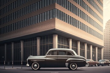vintage car parked in front of sleek, modern office building, with view of the city skyline visible in the background, created with generative ai