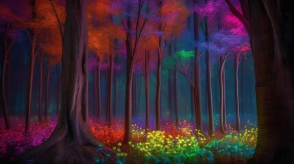 ai generated photos of A forest of rainbow-colored trees and magic animals with vines that glow in the dark and flowers that sing when the wind blows,photorealistic