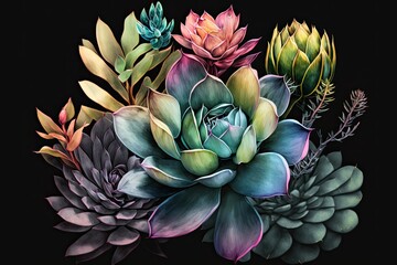 watercolor illustration of colorful succulent plant against black background, created with generative ai