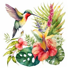 Watercolor tropical flower with hummingbirds, palm leaves, monstera and anthurium isolated on white background, Generative AI