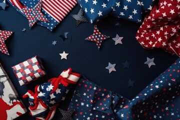 4th of July American Independence Day. Happy Independence Day. Red, blue and white star confetti, paper decorations on white background. Flat lay, top view