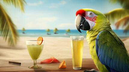 A parrot drinks a cocktail against the backdrop of a tropical sea