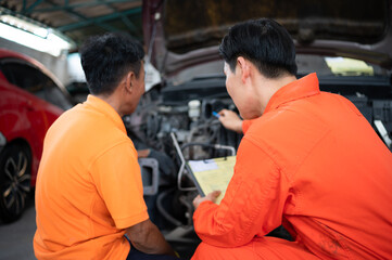 Both of auto mechanics are inspecting the engine of a customer's car being brought in for repair at a garage.