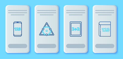 Set line Triangle math, Tablet with calculator, Mobile interface and Book word mathematics icon. Vector