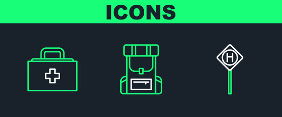 Set line Parking, First aid kit and Hiking backpack icon. Vector