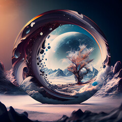 Fantasy landscape with planet and tree. 3d render illustration.