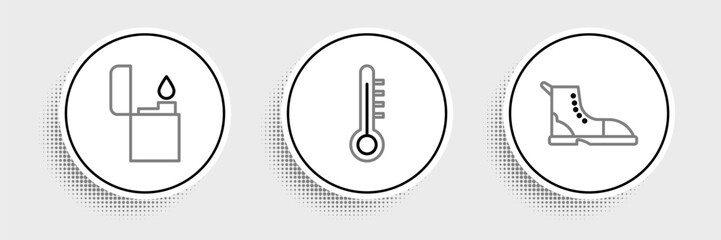 Set line Hiking boot, Lighter and Meteorology thermometer icon. Vector