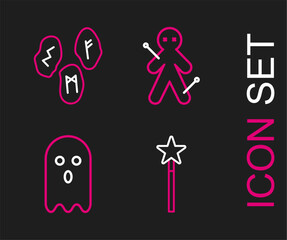 Set line Magic wand, Ghost, Voodoo doll and runes icon. Vector