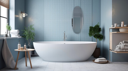 Naklejka na ściany i meble Modern Scandinavian style bathroom with calming blue walls. Generative AI