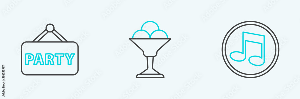 Sticker set line music note, tone, signboard party and ice cream in bowl icon. vector