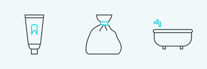 Set line Bathtub, Tube of toothpaste and Garbage bag icon. Vector