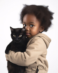 Adorable Toddler Holds a Cute Cat in Its Arms. Isolated on White Background.