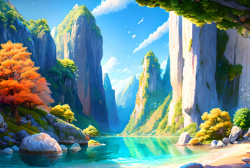The digital painting showcases a stunning landscape that features a field of waterfalls, vibrant streams in different hues, and a serene forest ambiance