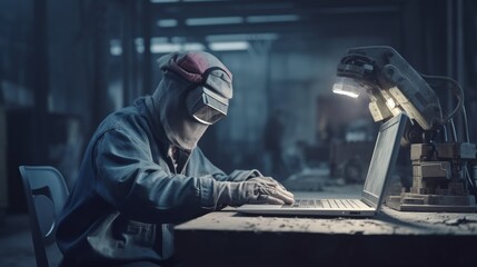 Portrait of robotic worker factory working. AI illustration. Business process.
