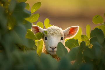 Obraz premium Adorable lamb peeking out from behind green leaves. Generative AI.