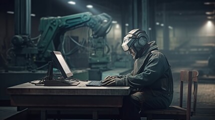 Fototapeta na wymiar Portrait of robotic worker factory working. AI illustration. Business process.