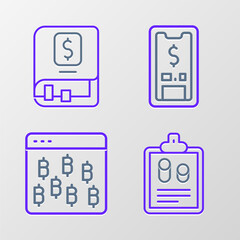 Set line Business finance report, Bitcoin browser, Mobile with dollar and Financial book icon. Vector