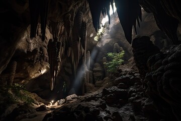 close-up of intricate cave spelunking formations, with flashlight beam illuminating the scene, created with generative ai