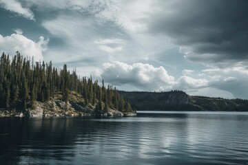 Calm Generative Landscape at Yellowstone National Park: Serene Lake against Majestic Mountains and Majestic Sky, Generative AI