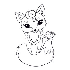 A cute fox with a butterfly on its tail. Black and white linear drawing. Children's illustration. For the design of coloring books, cards, stickers, puzzles, games and so on. Vector illustration