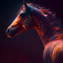 Digital painting of a horse with fire effect on a black background.