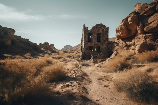 Exciting trek in arid landscape ends at enigmatic edifice in captivating artwork. Generative AI