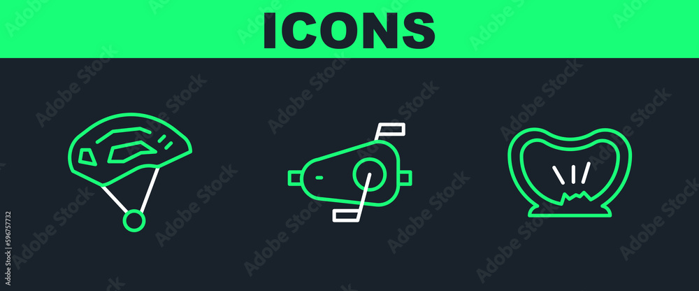 Sticker Set line Bicycle punctured tire, helmet and pedals icon. Vector