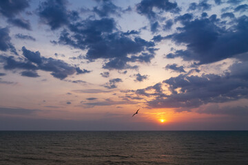 Sunset on the sea in the clouds with sun rays