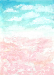 Fototapeta premium Watercolor painting nature background of blue and pink sky or abstract watercolor texture backdrop on paper. illustration for sky and clouds concept. copy space for text. Hand painted texture style