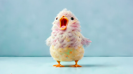 squawking chicken or squeaky toy are shouting and copy space pastel background. Generative AI illustration