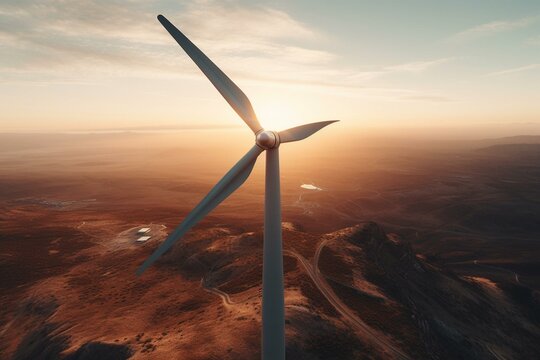 A Wind Turbine During Sunrise As Seen From Above. Generative AI