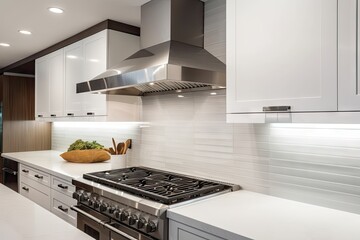 gleaming stainless steel range hood and sleek countertops in modern white kitchen, created with generative ai