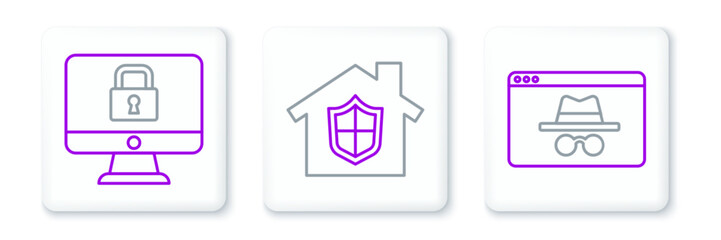 Fototapeta premium Set line Browser incognito window, Lock on monitor and House under protection icon. Vector
