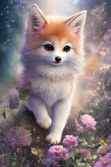 Obraz premium Kleiner Kinder Fuchs (Kitsune) zwischen vielen Blumen, Generative AI