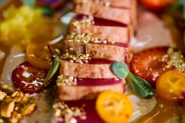A close-up of a tuna dish. Macro photography. Haute cuisine and beautiful serving of dishes