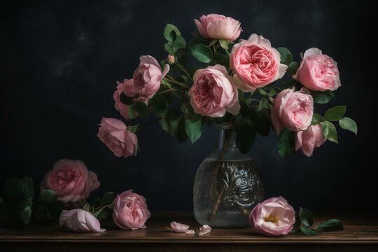 Oil painted pink roses in vase, print for home decor, garden wall art, and living room art. Generative AI