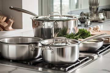 person, cooking with classic pots and pans on stainless steel kitchen countertop, created with generative ai