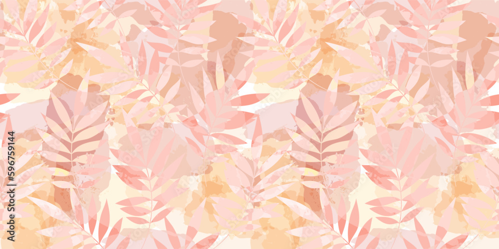 Wall mural Watercolor palm leaves seamless vector pattern. Exotic leaves pink background, textured jungle print